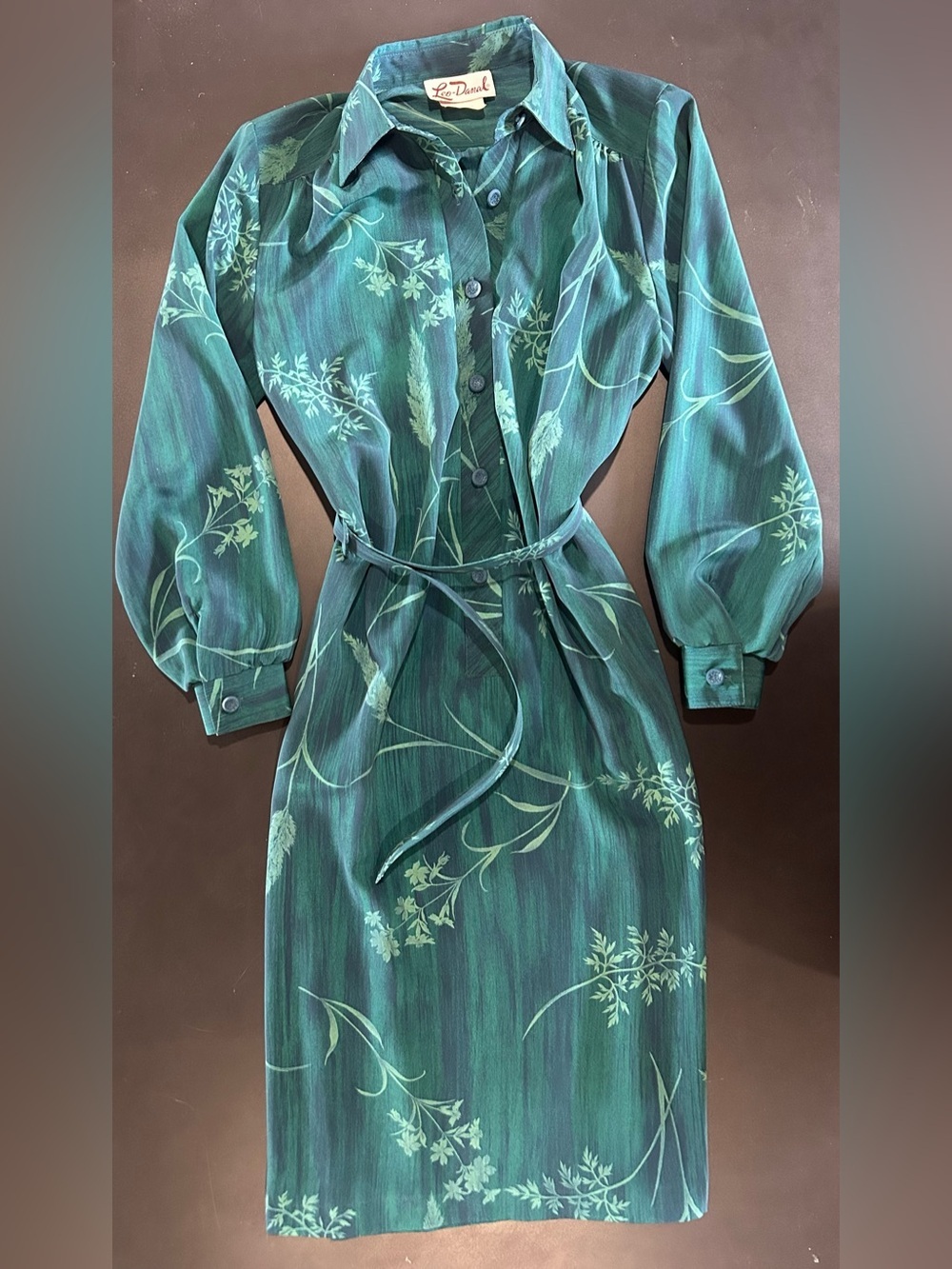 Vintage Leo-Danal Green Floral Belted Button Down Dress